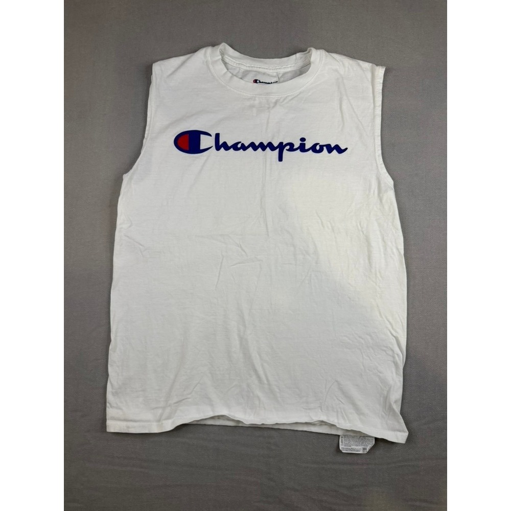 Champion Mens Script Logo Muscle Tee White Sleeveless Shirt Medium